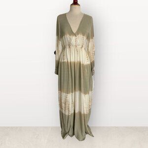 AAKAA beige tan tiedye MAXI dress boho chic GYPSET THIGH SLIT medium lightweight